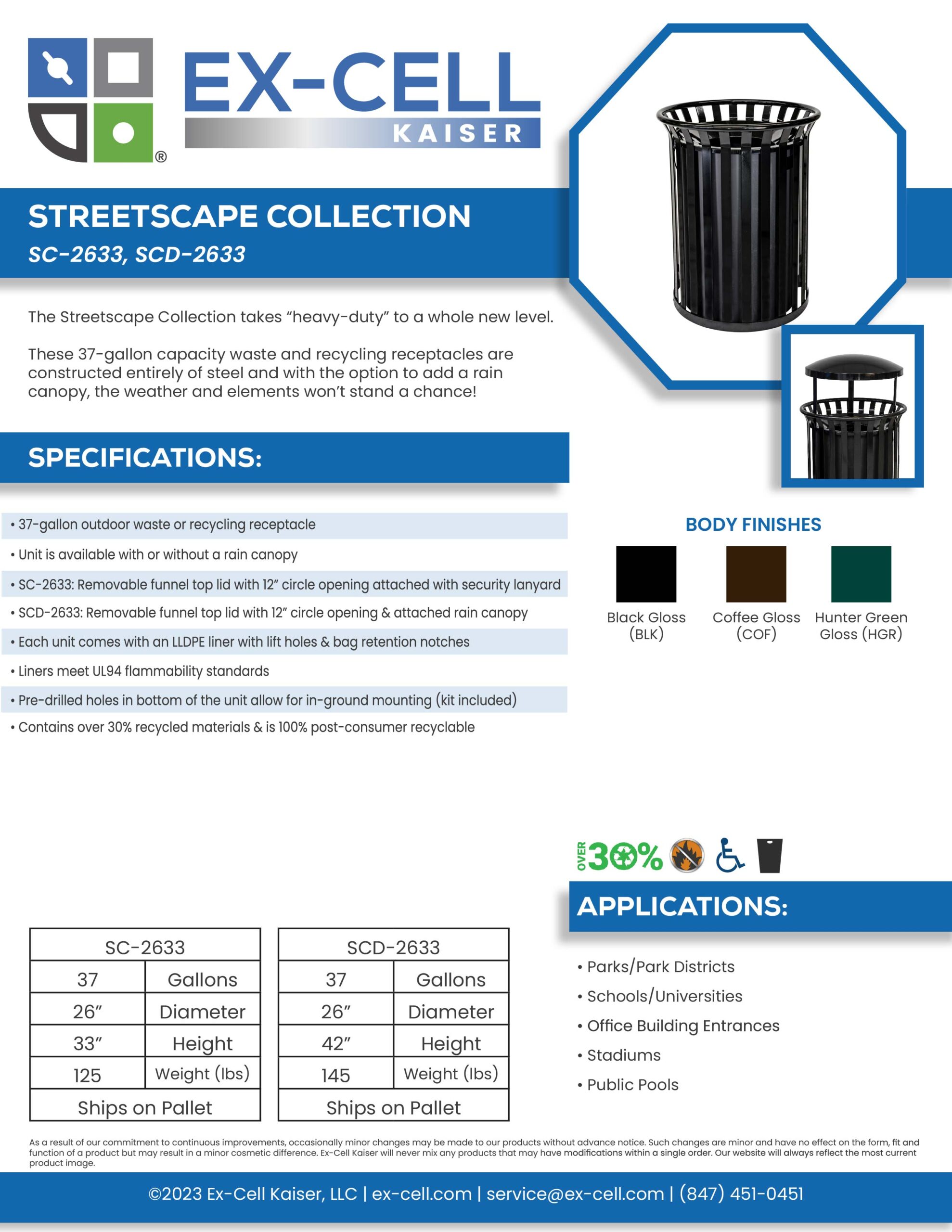 37 Gallon SC-2633 Metal Outdoor Streetscape Trash Can (3 Color Choices)